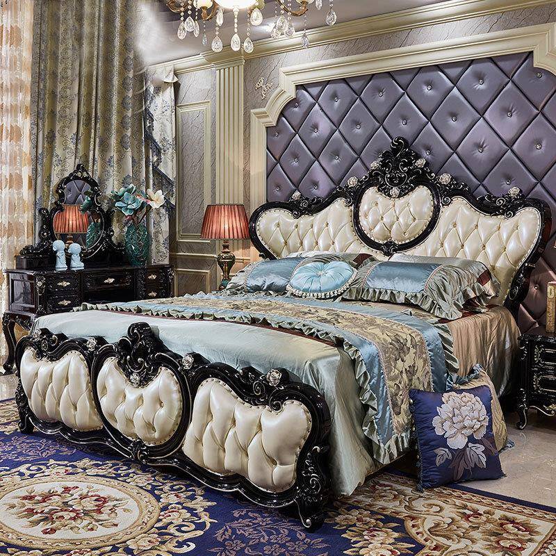 欧式床实木双人1.8米婚床主卧家具轻奢美式公主床黑檀色大床真皮