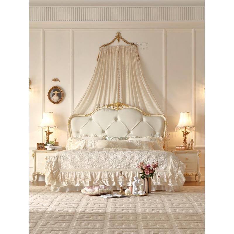 法式田园复古风真皮实木床欧式雕花别墅大平层主卧女儿床SE5