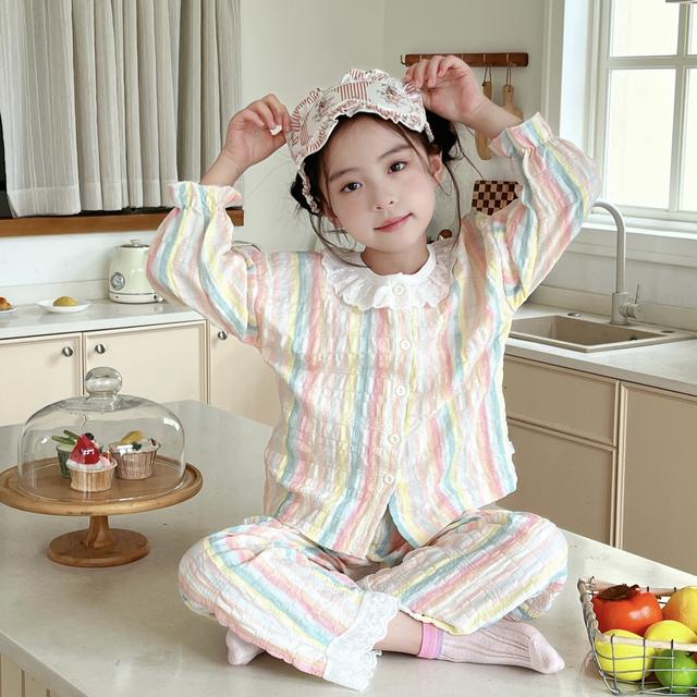 【7A抗菌时光棉】2025新款亲子装家居服女童花边甜美八分袖睡衣套