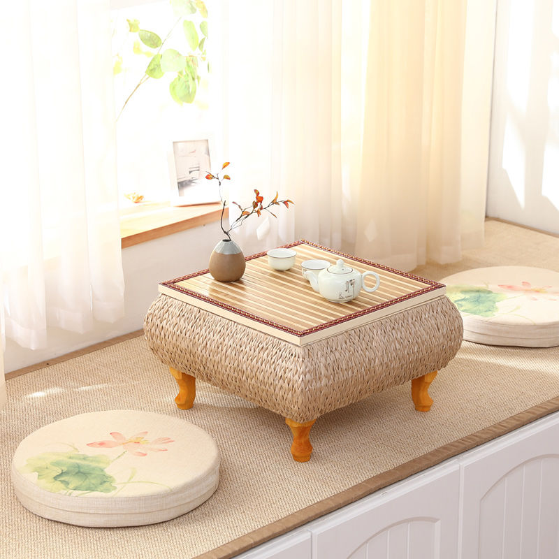 飘窗小桌子民宿榻榻米小茶几草编藤编矮桌正方形炕桌可储物窗台桌