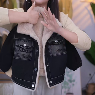 上衣儿童男孩炸街洋气童装 儿童加绒牛仔外套秋冬季 小兔毛宝宝冬装