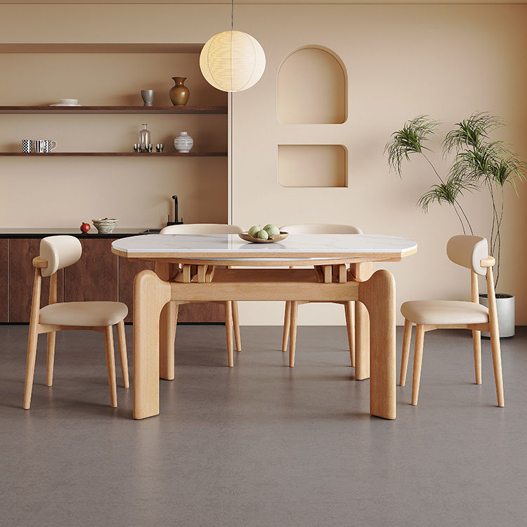 中古风大象腿实木岩板餐桌椅组合家用小户型伸缩方圆两用折叠饭桌