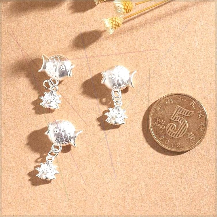 S999纯银吊坠莲花小鱼散珠配件DIY手工串珠红绳手链隔珠项链坠子