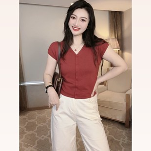 收腰抽褶小飞袖 V领显瘦设计感修身 薄款 针织T恤女夏季 时尚 纯色小衫