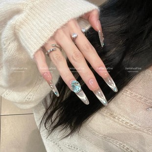 穿戴甲手工美甲【鲛人泪】梦幻泪滴马眼钻微笑猫眼浅翠蓝鸽子蛋堆