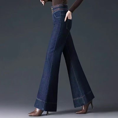 丹宁蓝牛仔裤女2025年春季新款高腰微喇显瘦百搭直筒大喇叭裤ins