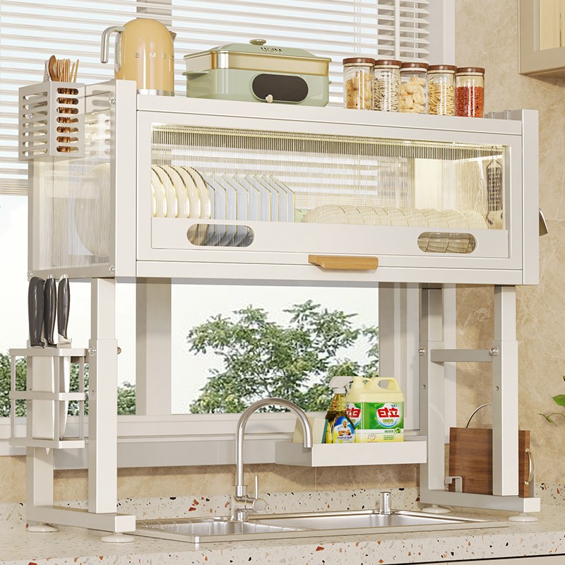 可升降水槽置物架可调节碗碟沥水带门碗柜台面防尘水盆简约免打孔