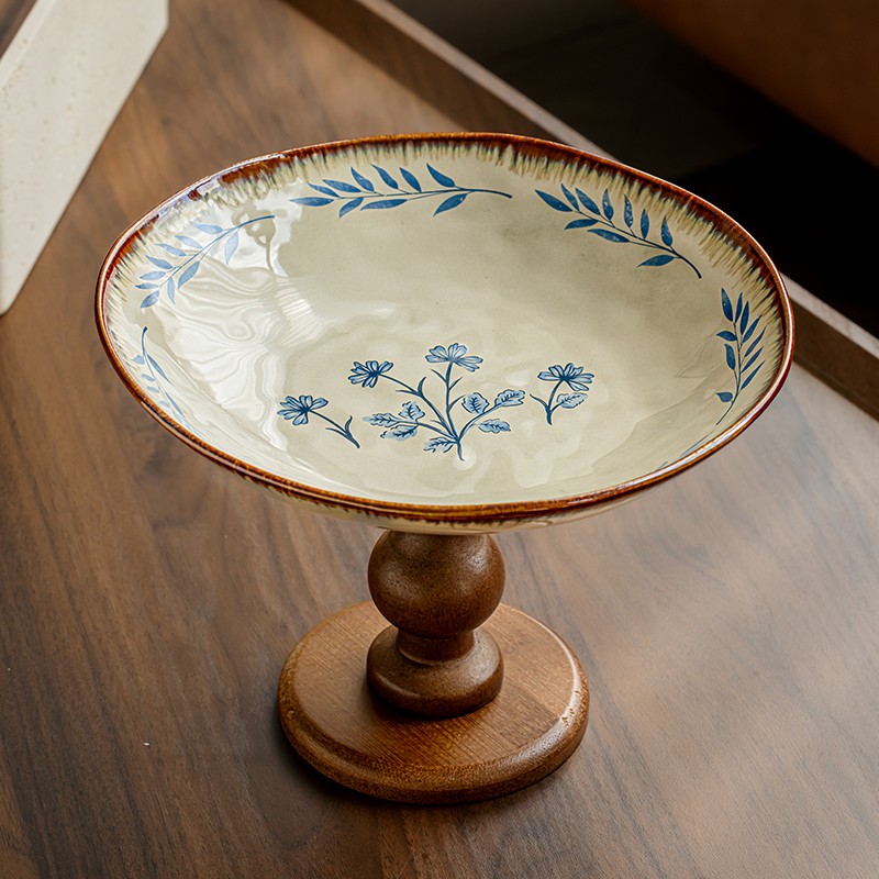小悠家〖中古风氛围感〗木质高脚盘果盘零食盘客厅陶瓷水果盘托盘