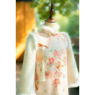 女童粉色旗袍裙儿童长袖连衣裙秋冬季中国风唐装汉服小女孩拜年服