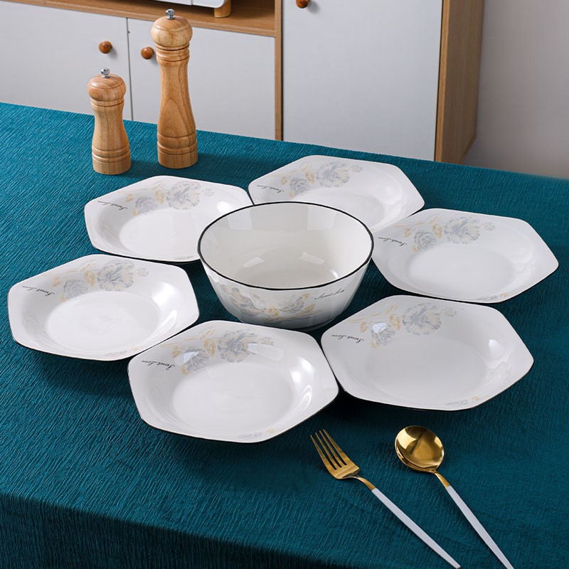 句途甜蜜蜜6个8英寸六角盘+1个琉璃汤碗家用团圆拼盘菜盘餐具套装