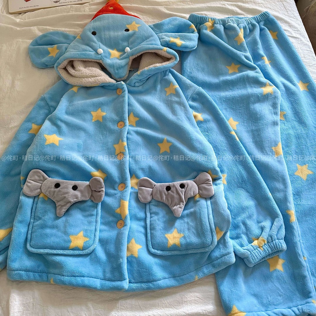 侘町2025年新款笨笨大象法兰绒睡衣女秋冬款可外穿家居服套装冬季