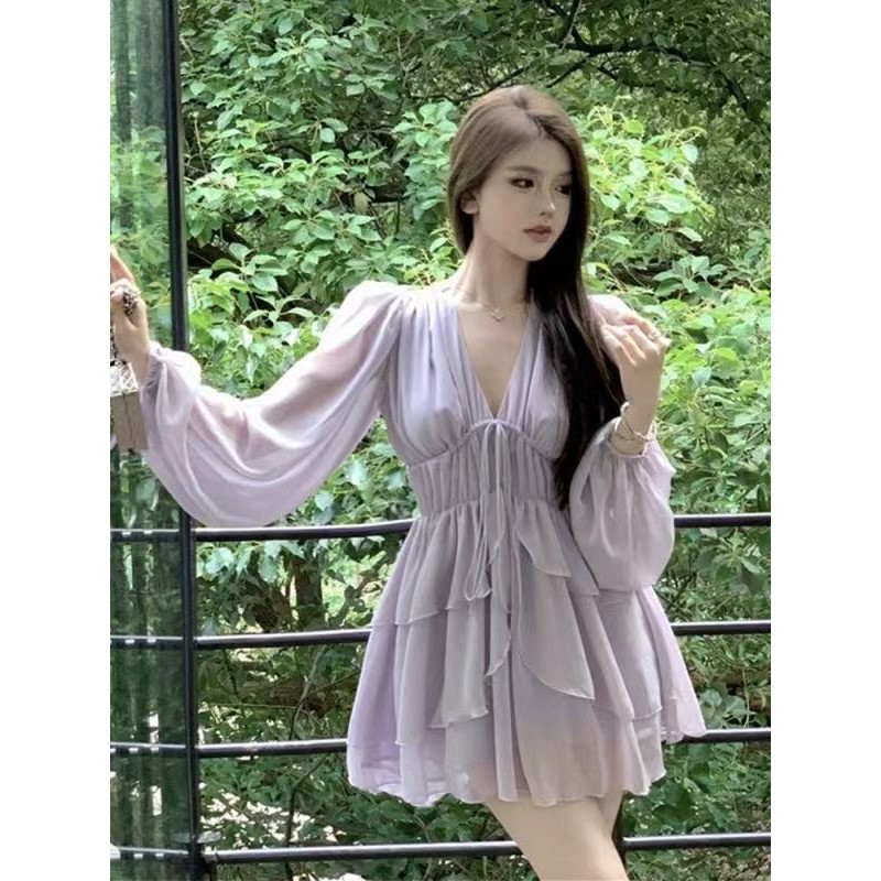 紫色v领系带连衣裙女夏季御姐风长袖褶皱收腰短裙法式雪纺a字裙子