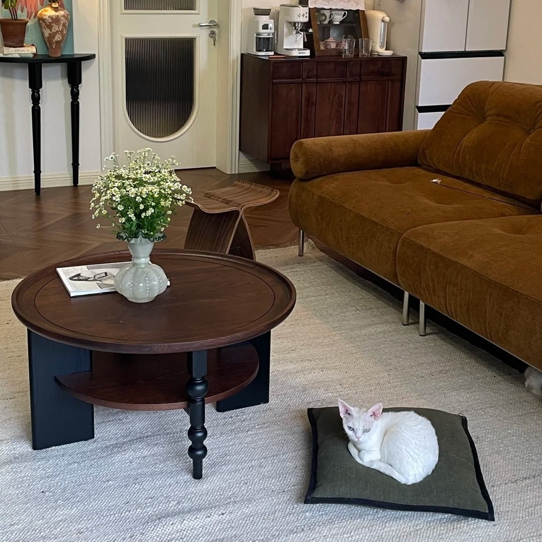 中古法式实木茶几圆形茶桌小户型古风家用客厅小桌子美式复古新款