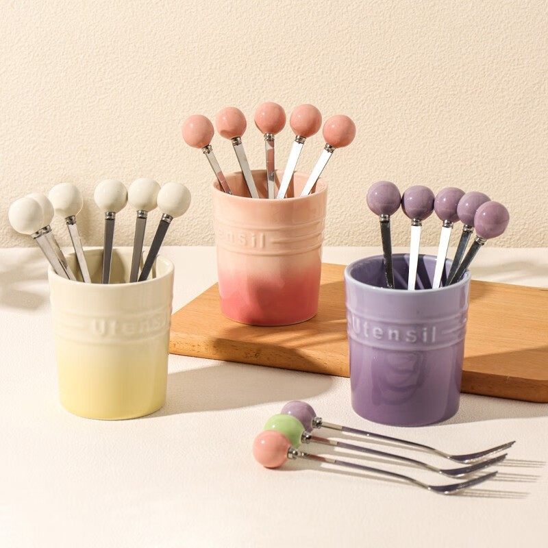 川岛屋水果叉套装家用甜品小叉子收纳罐可爱儿童安全不锈钢水果签