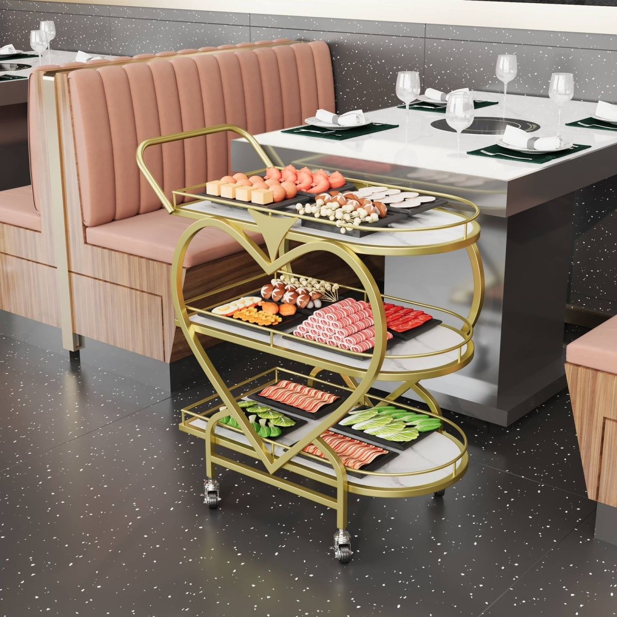 北欧移动小推车高档收纳车酒店酒水车金色多层铁艺餐车餐厅传菜车