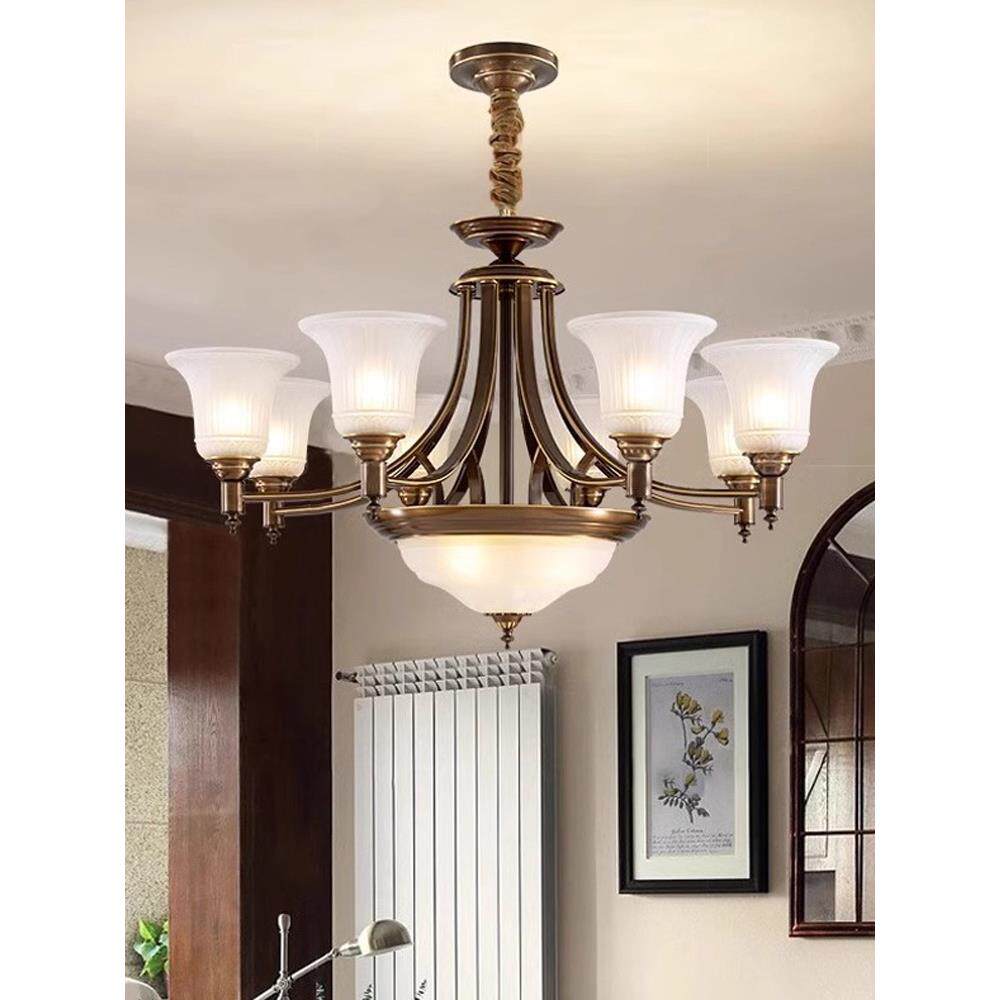 客厅灯全铜大厅吊灯美式复古高档餐厅卧室灯法式中古别墅古铜灯饰