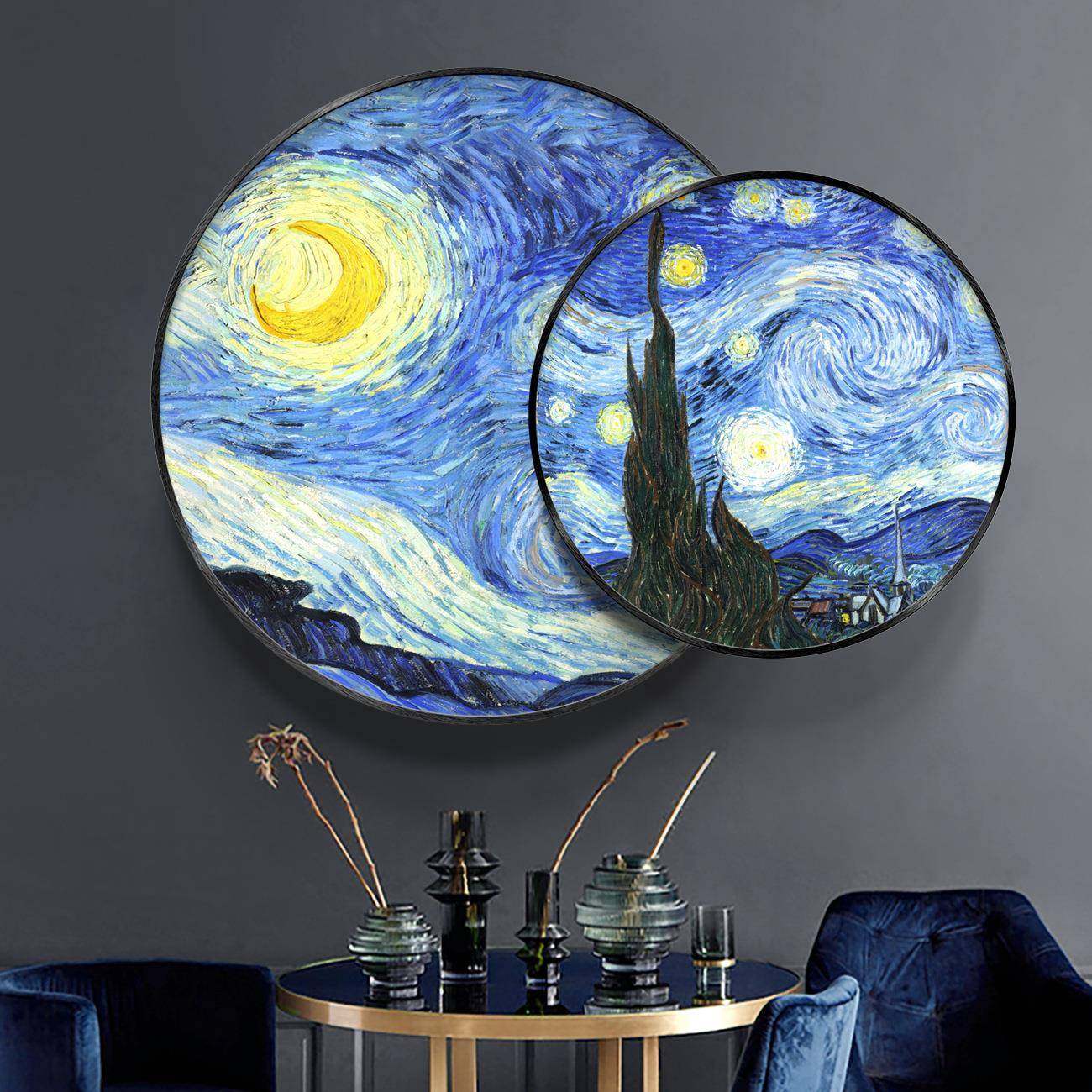 客厅装饰画抽象壁画梵高星空油画圆形叠加画现代轻奢挂画玄关画