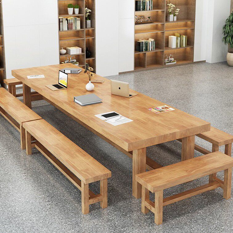 简约loft长方形实木会议桌椅组合图书馆长桌北欧原木教工食堂饭桌