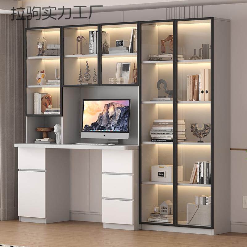 实木书桌书架组合电脑桌书柜一体靠墙玻璃门学习写字桌