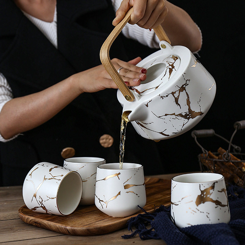 大理石纹家用茶具套装日式黑白陶瓷下午茶杯配相思木底托茶壶