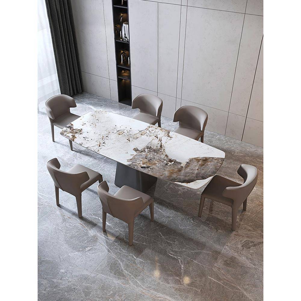 高端意式轻奢长方形岩板餐桌现代简约家用小户型岩板餐桌皮椅组合