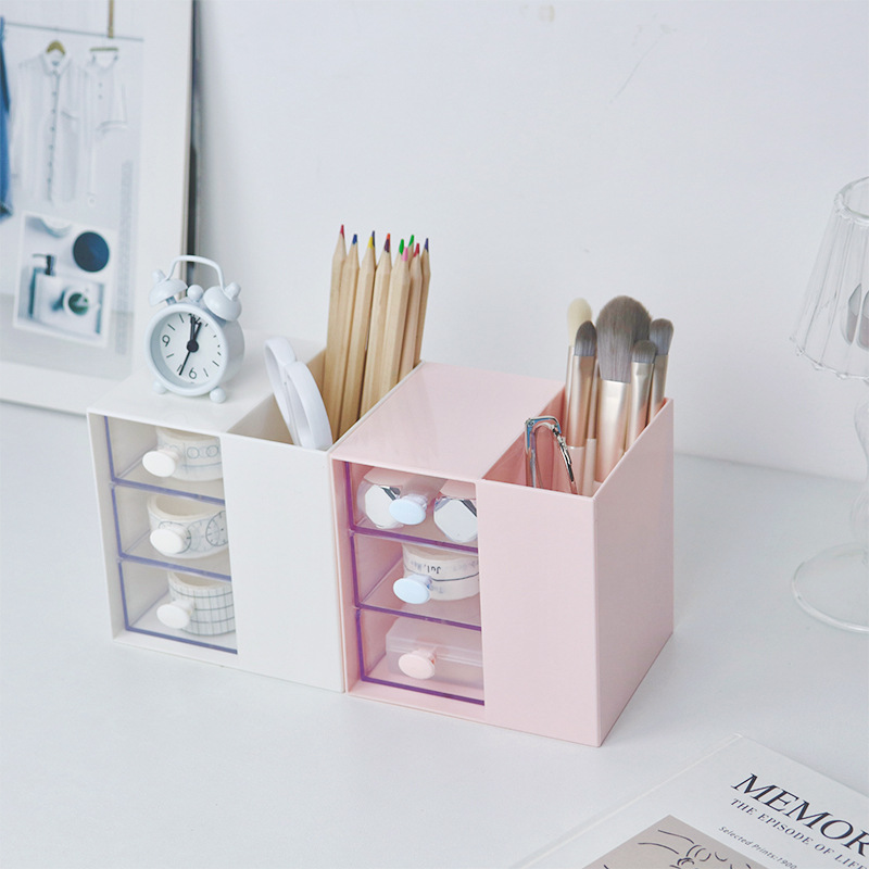 ins 透明抽屉式多格化妆刷笔筒收纳办公桌面文具整理盒笔筒收纳盒