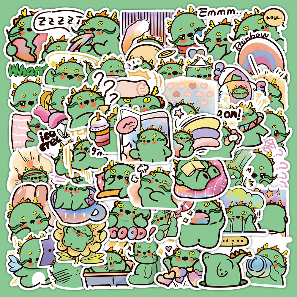 60张原创手帐贴纸 小火龙青蛙恐龙蜥蜴行李箱装饰卡通小贴纸