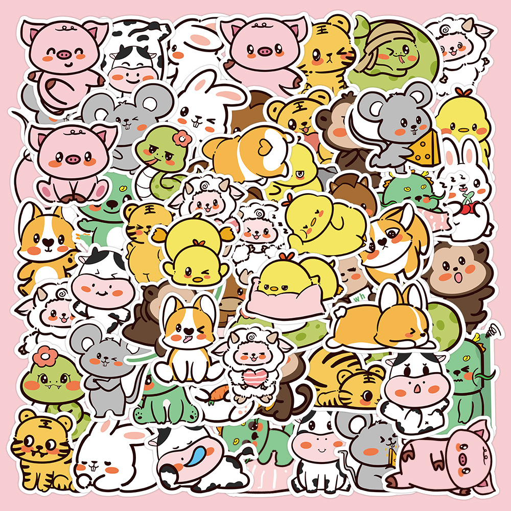 60张原创不侵权动物贴纸 卡通可爱十二生肖猴子兔子蛇狗手账贴纸