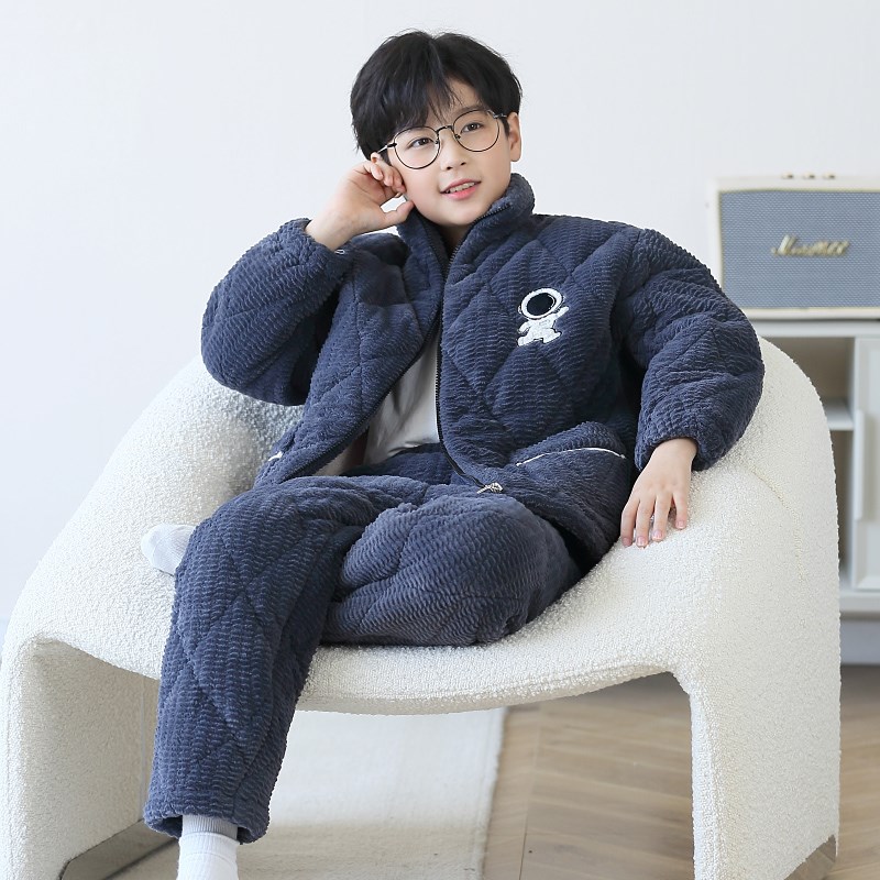 噜噜牛儿童睡衣男童冬季珊瑚绒夹棉加厚保暖法兰绒中大童男孩睡衣