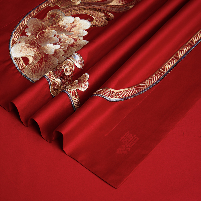 100支长绒棉中式婚庆四件套全棉纯棉大红龙凤被套床上十件套全套