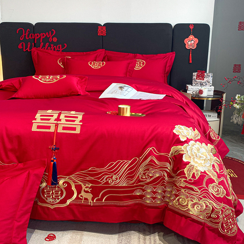 新中式100支结婚四件套全棉牀单被套纯棉婚庆大红色牀上用品喜被4