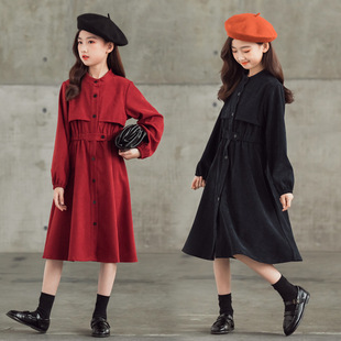 女童桔梗森系复古灯芯绒连衣裙2022春秋洋气长裙大童红色公主裙子