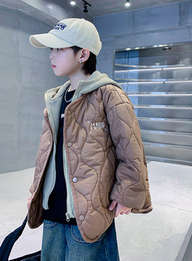 男大童秋冬装假两件轻薄夹棉棉服2023新款儿童冬季保暖棉衣外套潮