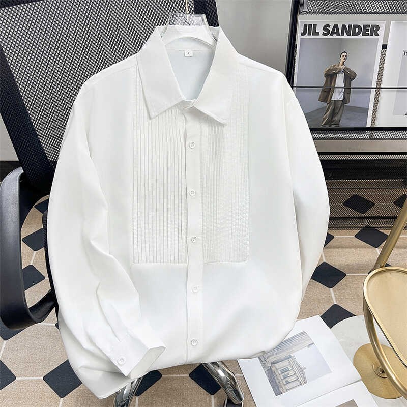 重磅拼接褶皱翻领长袖衬衫男生简约夏季高级感休闲白色衬衣外穿bf