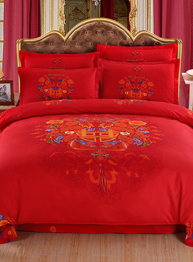 全棉婚庆床上用品纯棉床单被套四件套大红色结婚1.8m米新婚四件套