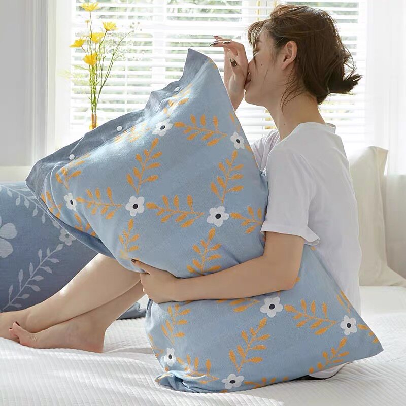 全棉枕头套一对装卡扣式固定防滑加厚两面单人纯棉纱布全包式枕巾