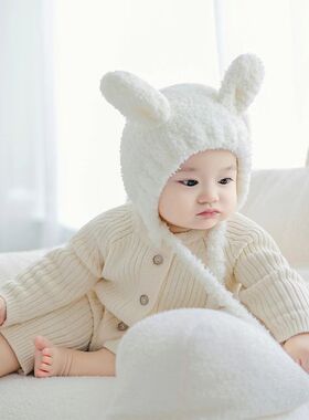 儿童摄影服装小兔子主题白色可爱兔帽宝宝满月百天照拍照玩偶道具