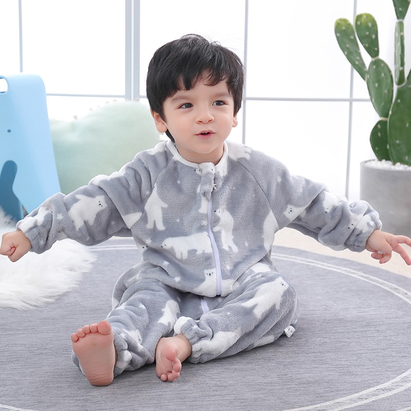 男女宝宝睡袋春秋冬季法兰绒连体防踢被婴幼儿童珊瑚居家分腿睡衣