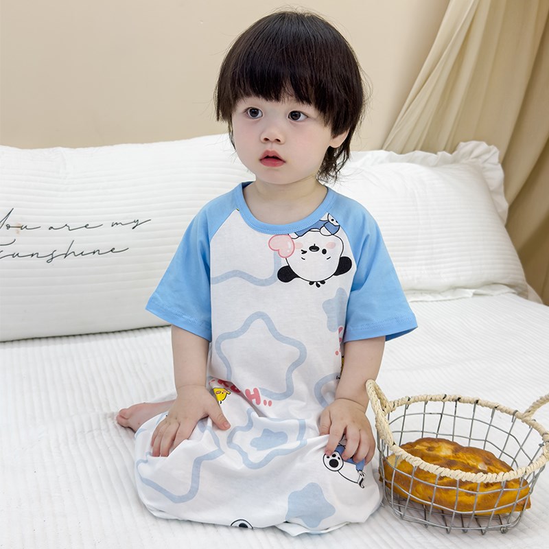 婴儿睡袋夏季儿童短袖防踢被纯棉薄款男童女宝宝套头连体睡衣卡通