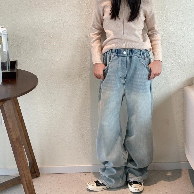 女童加绒牛仔裤裤子窄版阔腿裤2024秋冬新款童装直筒裤儿童一体绒