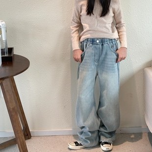 女童加绒牛仔裤裤子窄版阔腿裤2024秋冬新款童装直筒裤儿童一体绒