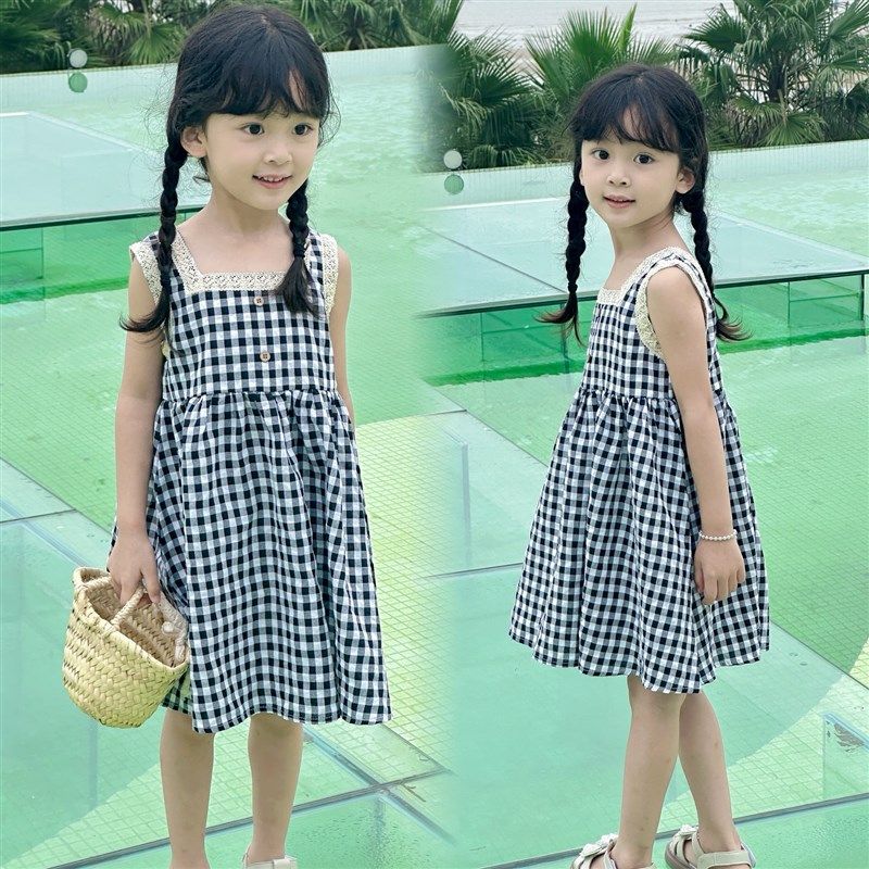 森系 儿童黑白格子连衣裙 女童小方领无袖背心裙 中大童夏款童装
