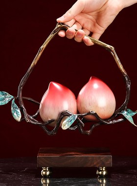 新中式纯铜福寿双全寿桃摆件客厅玄关博古架长辈祝寿贺寿礼物装饰