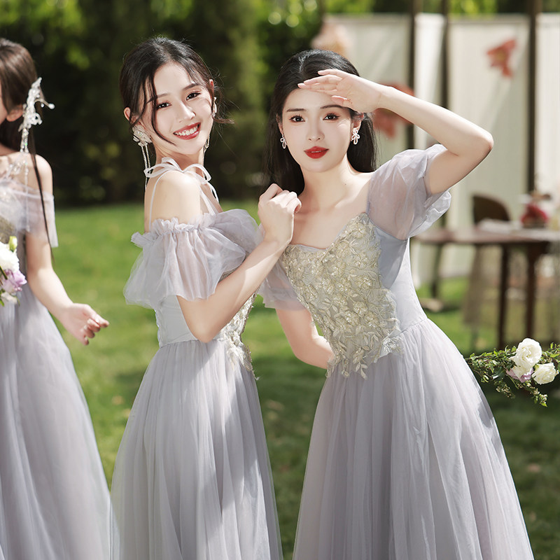 伴娘服女2024新款冬季演出成人礼服小个子高级感姐妹团伴娘裙大码