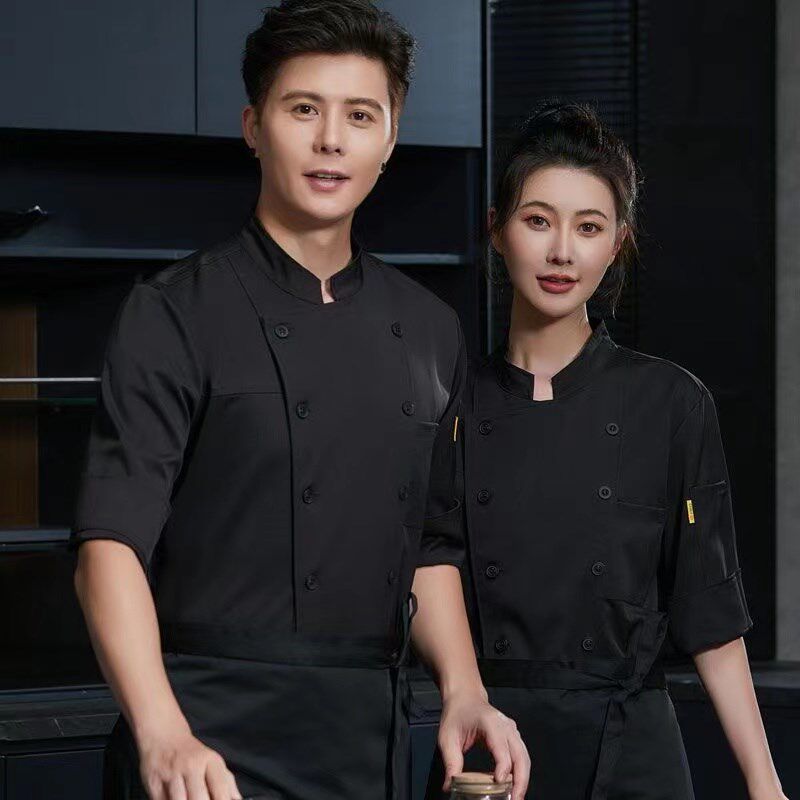 厨师工作服七分袖男女弹力纯棉学校食堂后厨餐饮主厨长袖秋冬套装