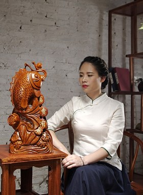 花梨木雕刻富贵有余鱼摆件动物金龙鱼家居客厅公司店铺装饰工艺品