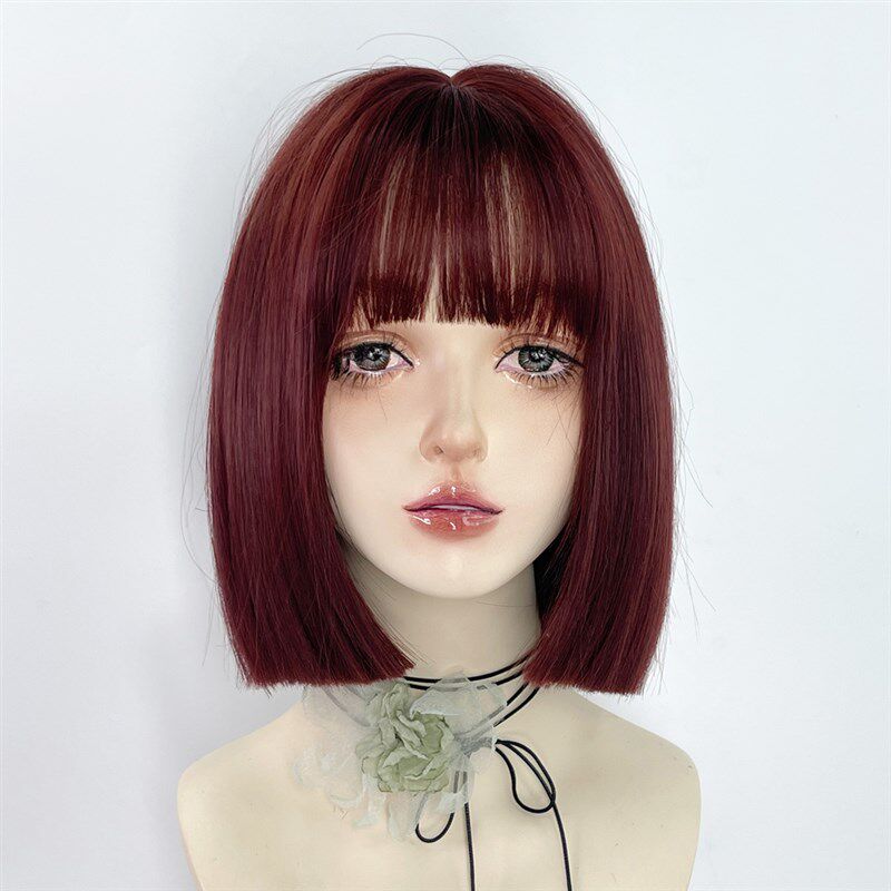 一刀切假发红色短发女全头套波波头直发彩色lolita红发y2k齐肩发