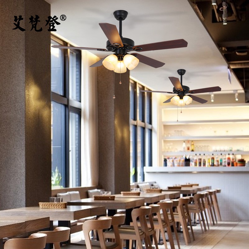黑色吊扇灯餐厅简约电风扇灯美式乡村复古客厅工业铁木叶静音家用