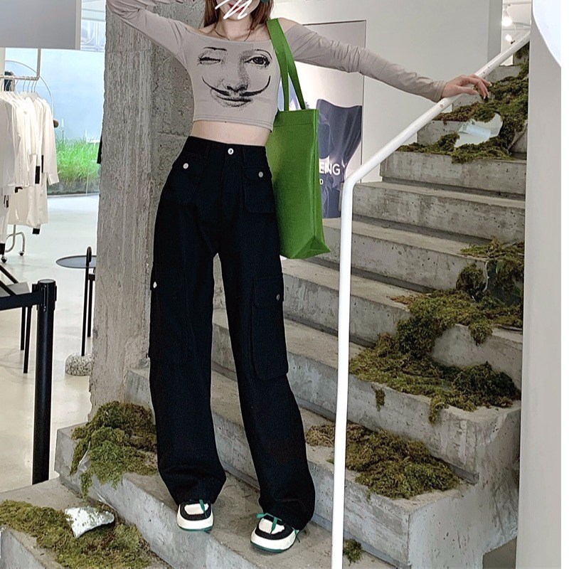 小个子美式直筒休闲牛仔工装裤150cm高腰多口袋宽松拖地长裤xs码