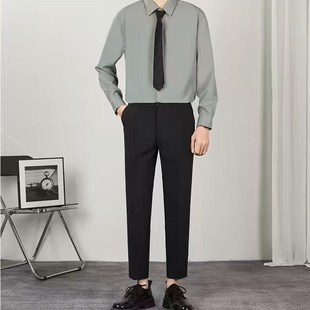 浅绿色长袖衬衫黑西裤套装男时髦休闲商务衬衣工装制服西装九分裤